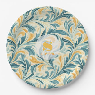 Emerald Green and Gold Paisley Leaf Pattern Paper Plate