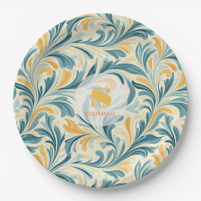 Emerald Green and Gold Paisley Leaf Pattern Paper Plate (Front)