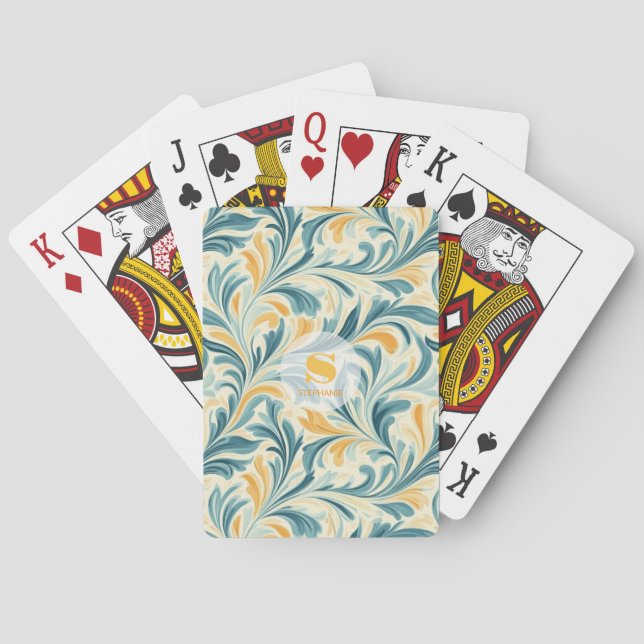 Emerald Green and Gold Paisley Leaf Pattern Playing Cards (Back)
