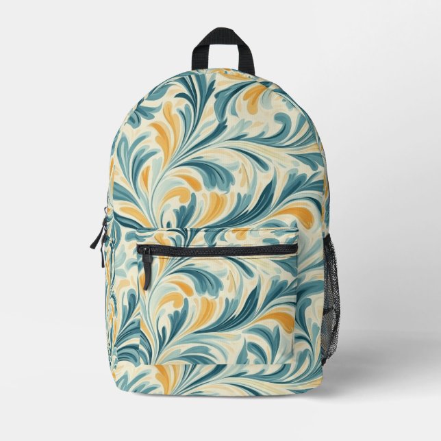 Emerald Green and Gold Paisley Leaf Pattern Printed Backpack (Front)