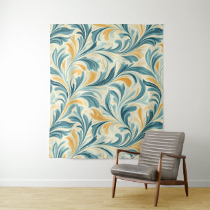 Emerald Green and Gold Paisley Leaf Pattern Tapestry