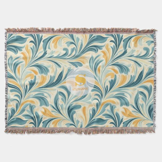 Emerald Green and Gold Paisley Leaf Pattern Throw Blanket (Front)