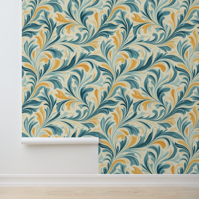 Emerald Green and Gold Paisley Leaf Pattern Wallpaper (Application)