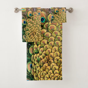 Emerald Green and Gold Peacock Feathers Bath Towel Set