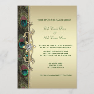 Emerald Green and Gold Peacock Wedding Invitation