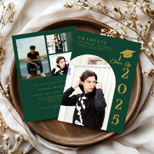 Emerald Green and Gold Photo Graduation Invitation