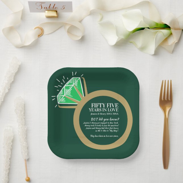 Emerald green and gold ring anniversary fun fact  paper plate (Wedding)