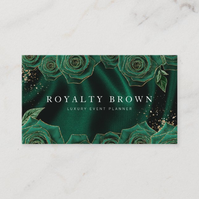 Emerald Green and Gold Rose Business Card (Front)