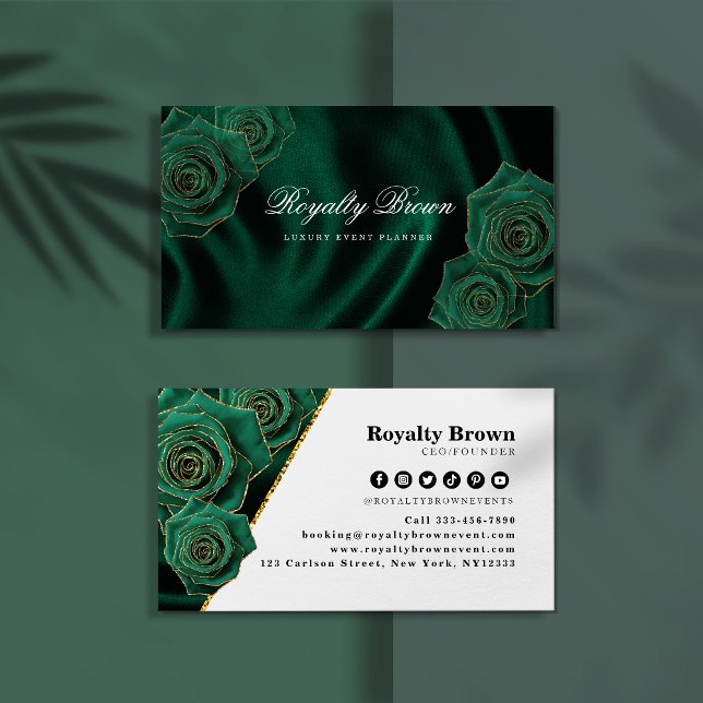 Emerald Green and Gold Rose Business Card (Creator Uploaded)