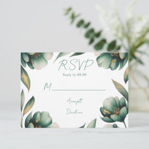 Emerald Green and Gold Rose Wedding RSVP Card