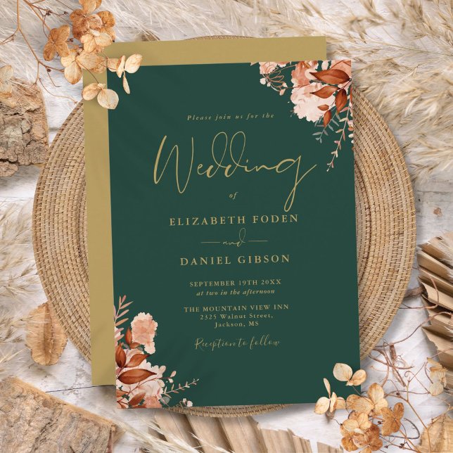 Emerald Green And Gold Rustic Floral Wedding Invitation (Emerald Green And Gold Rustic Floral Wedding Invitation)