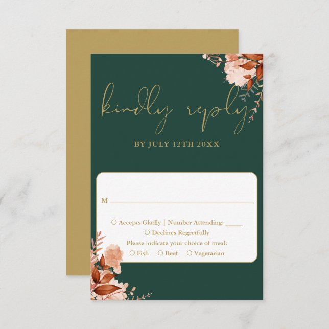 Emerald Green And Gold Rustic Floral Wedding RSVP Card (Front/Back)