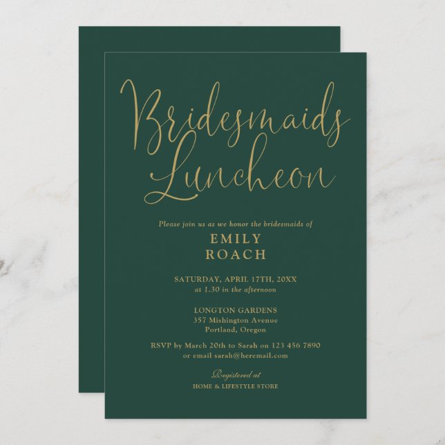 Emerald Green And Gold Script Bridesmaids Luncheon Invitation (Front/Back)