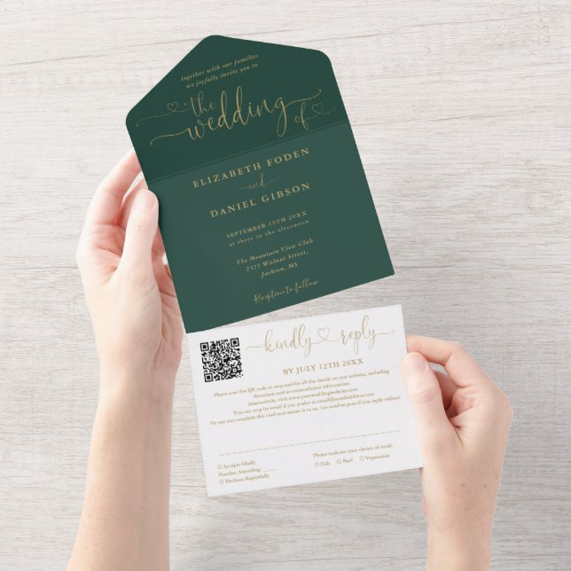 Emerald Green And Gold Script QR Code Wedding All In One Invitation (Tearaway)