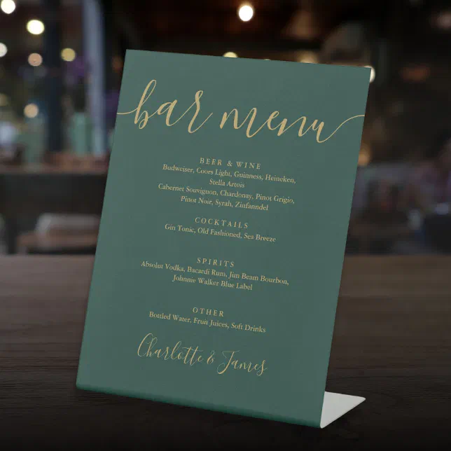 Emerald Green And Gold Script Wedding Bar Menu Pedestal Sign | Zazzle