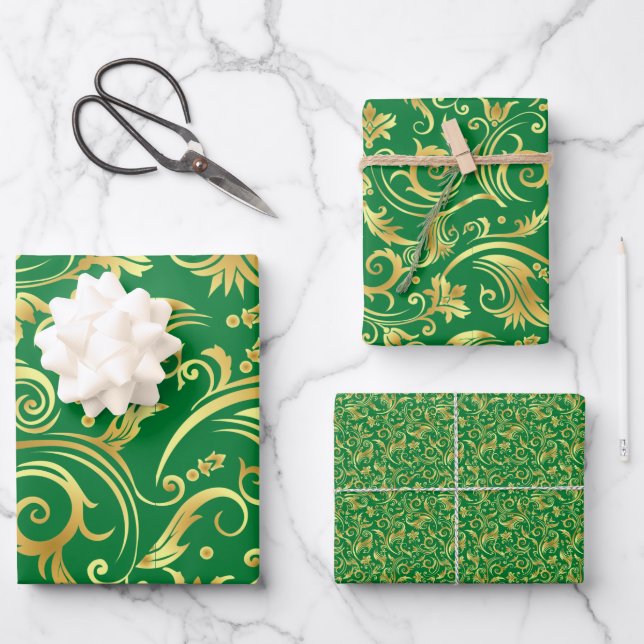 Emerald Green and Gold Scrollwork Wrapping Paper Sheet (Front)