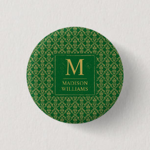 Emerald Green and Gold Seamless Damask Pattern 3 Cm Round Badge