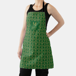 Emerald Green and Gold Seamless Damask Pattern Apron