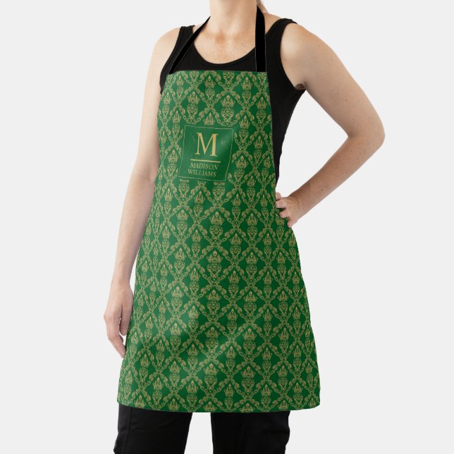Emerald Green and Gold Seamless Damask Pattern Apron (Insitu)