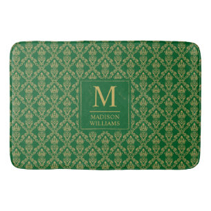 Emerald Green and Gold Seamless Damask Pattern Bath Mat