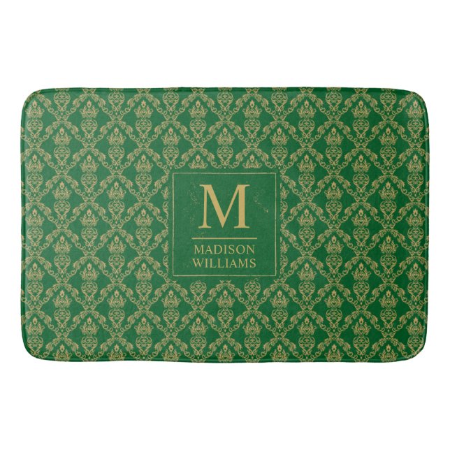Emerald Green and Gold Seamless Damask Pattern Bath Mat (Front)
