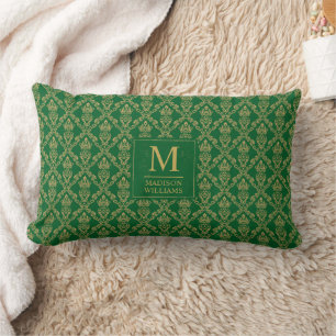 Emerald Green and Gold Seamless Damask Pattern Lumbar Cushion