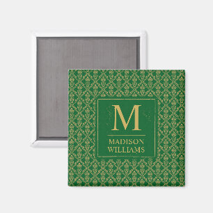 Emerald Green and Gold Seamless Damask Pattern Magnet