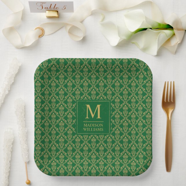 Emerald Green and Gold Seamless Damask Pattern Paper Plate (Wedding)
