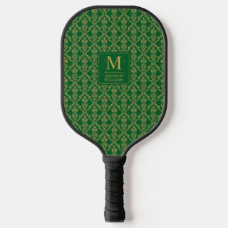 Emerald Green and Gold Seamless Damask Pattern Pickleball Paddle