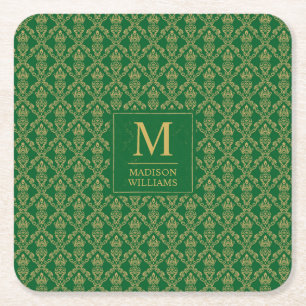 Emerald Green and Gold Seamless Damask Pattern Square Paper Coaster