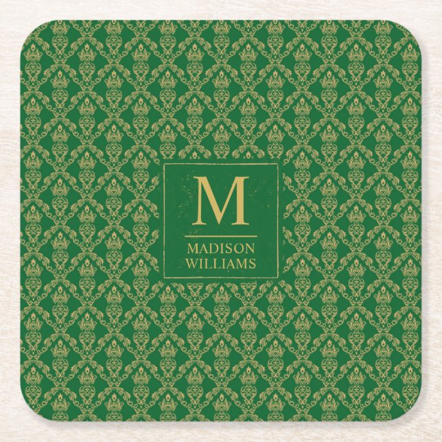 Emerald Green and Gold Seamless Damask Pattern Square Paper Coaster (Front)
