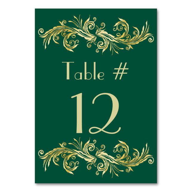 Emerald Green and Gold Tone Wedding Table Number (Front)