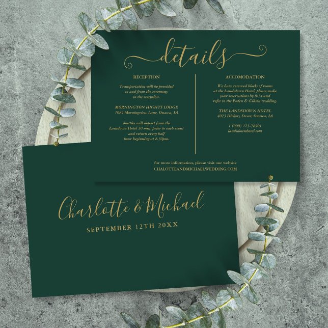 Emerald Green And Gold Wedding Details Information Enclosure Card (Emerald Green And Gold Wedding Details Information Enclosure Card)