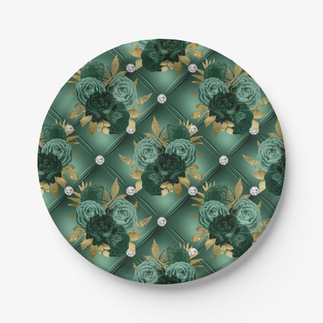 Emerald Green and Gold Wedding  Paper Plate (Front)