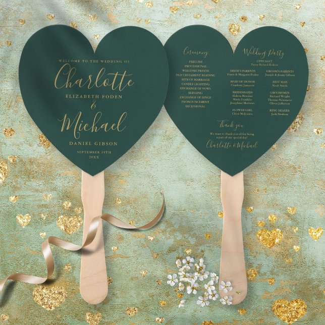 Emerald Green And Gold Wedding Program Heart Hand Fan (Emerald Green And Gold Wedding Program Heart Hand Fan)