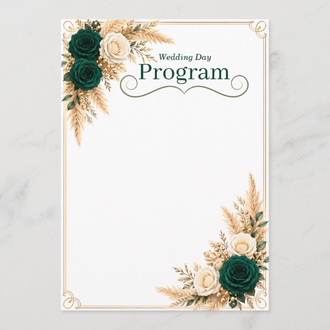  Emerald green and gold  wedding Program Template (Front)