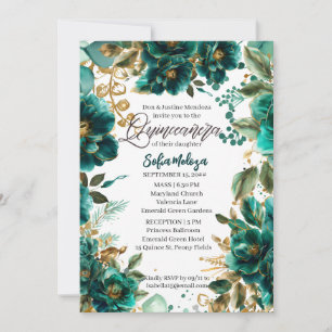 Emerald Green and Golden Quinceanera and Mass  Invitation