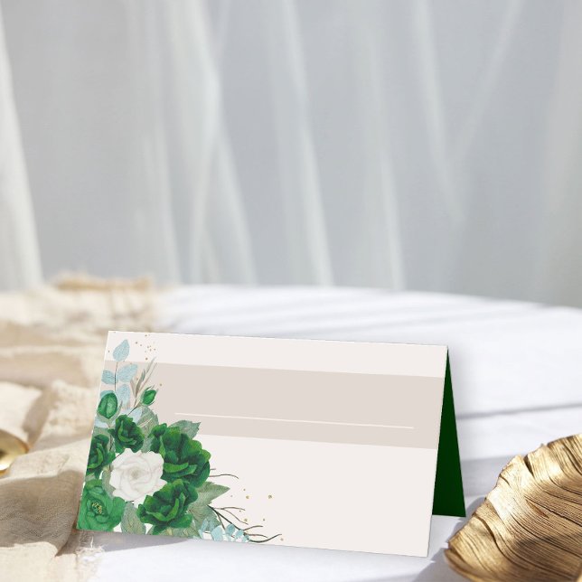 Emerald Green and Ivory Roses with Name Panel Place Card (Floral Place Cards from the Royal Rose Emerald Green Quinceanera Collection by Darling & May)