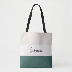 Emerald Green and Neutral stripes personalize name Tote Bag