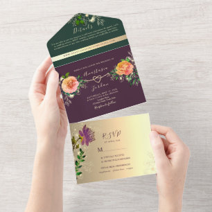 Emerald Green and Purple Wedding All In One Invitation