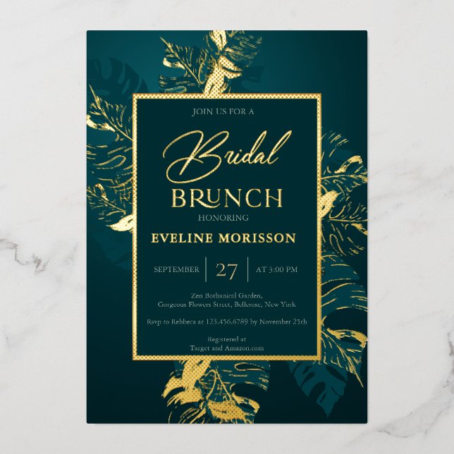 Emerald green and real gold foil bridal brunch (Front)