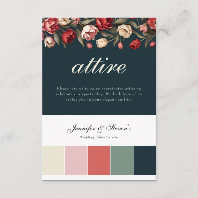 Emerald Green and Red Tulip Wedding Attire Enclosure Card (Front)