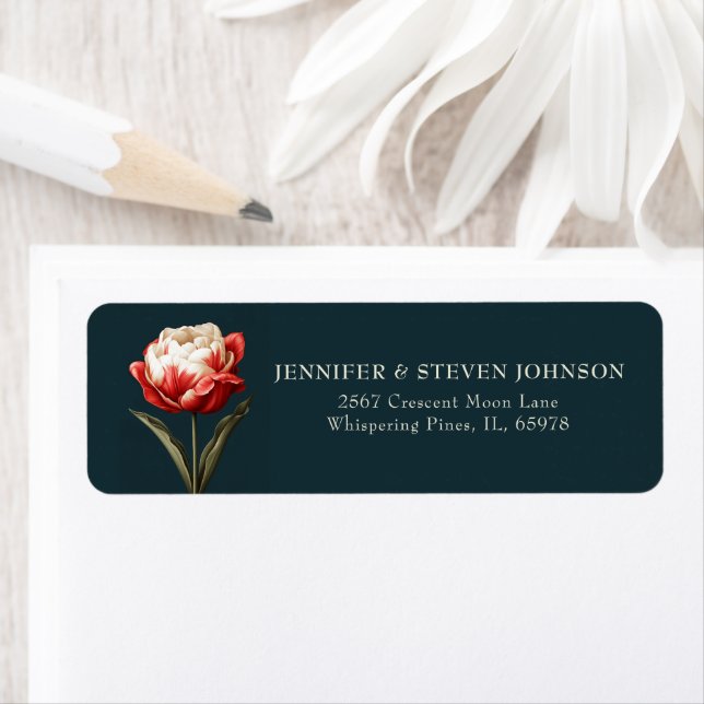 Emerald Green and Red Tulip Wedding Return Address Label (Insitu)
