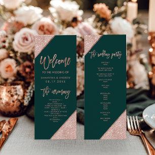 Emerald Green and Rose Gold Glitter Wedding Program