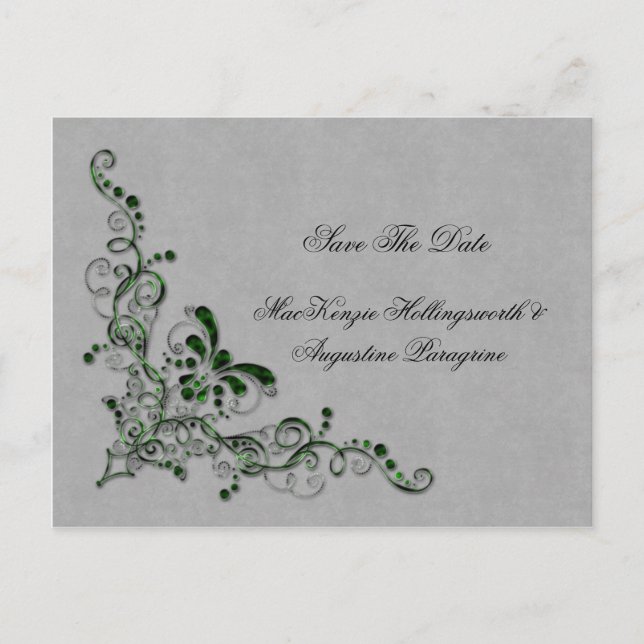 Emerald Green and Silver Enbellished Swirls Save T Announcement Postcard (Front)