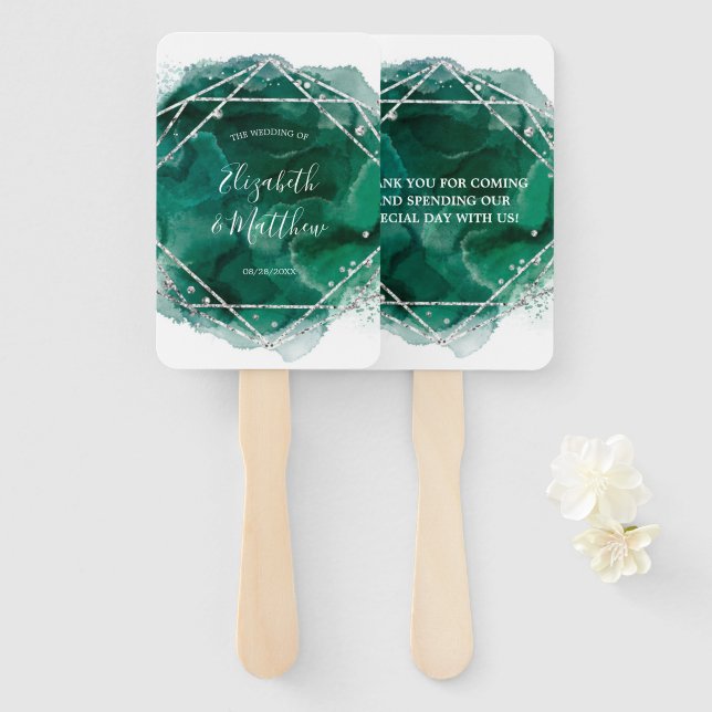 Emerald Green and Silver Geometric Glitter Wedding Hand Fan (Front and Back)