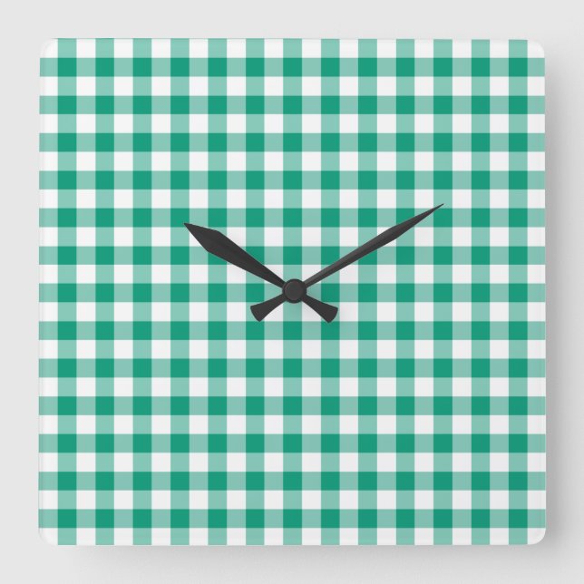 Emerald Green And White Checks Gingham Square Wall Clock (Front)