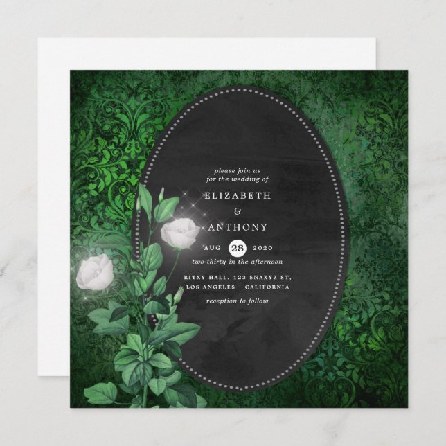 Emerald Green and White Damask Floral Wedding Invitation (Front/Back)