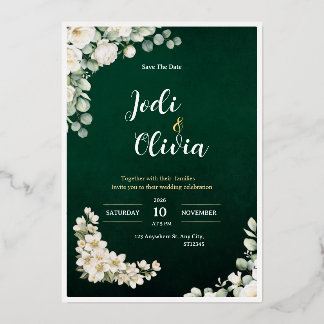 Emerald Green and White Floral Wedding Invitation