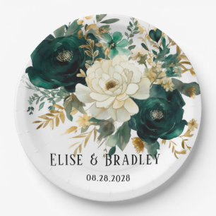 Emerald Green and White Gold Peonies Wedding Paper Plate